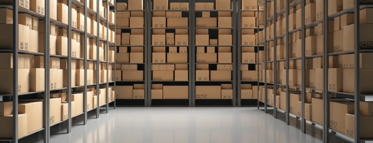 Cardboard boxes on storage warehouse shelves background. 3d illustration